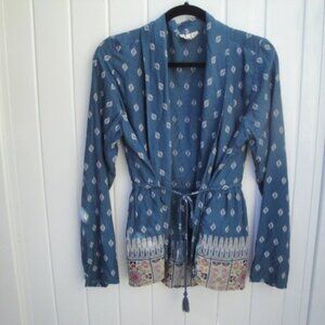 Roxy Women's Jacket Blue Viscose Jacket---Border Print--Tie at the waist Large
